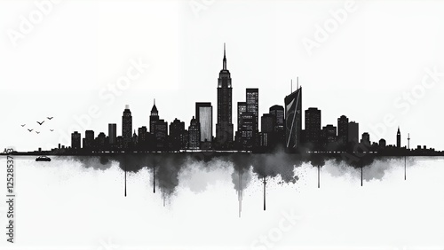 A striking black and white illustration of a city skyline, featuring iconic skyscrapers and a bridge. The reflection in the water adds depth and symmetry, creating a visually captivating urban scene. photo