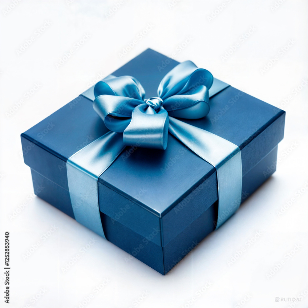 Fototapeta premium A stunning blue gift box wrapped with a glossy satin ribbon, perfect for birthdays, corporate gifts, anniversaries, and special occasions. This luxurious and sophisticated package adds a touch of eleg