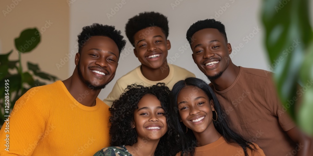 Obraz premium A smiling family gathers together for a cheerful photo in a bright, welcoming environment.