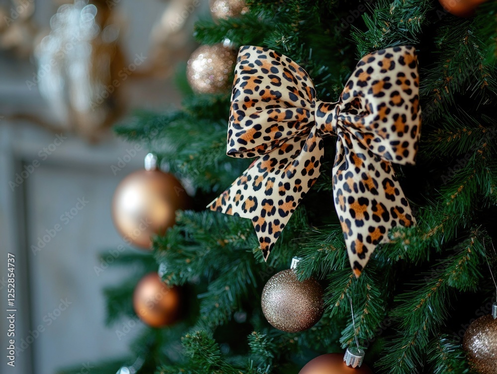 Fototapeta premium Fashionable christmas tree decorated with gold ornaments and a cheetah-print bow. The bow is tied on the top of the tree, adding an elegant touch to the holiday celebration.