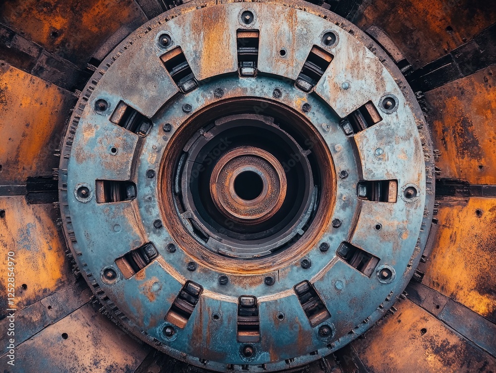 Fototapeta premium Close-up of an industrial gear with visible rust, signifying use and age.