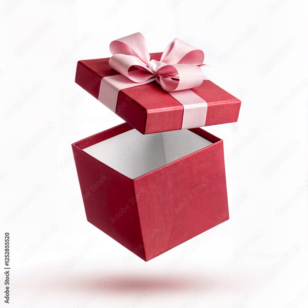 Obraz premium A luxurious red gift box with an elegant white bow, presenting a stylish and sophisticated unboxing experience. Perfect for birthdays, weddings, special occasions, and holiday celebrations, this chic 