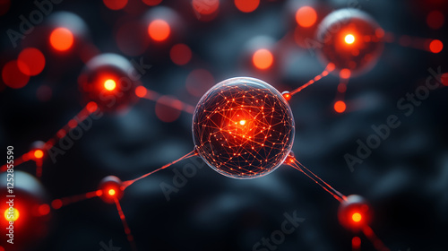 Glowing red neural network sphere connected with light trails against dark background representing artificial intelligence and future technology