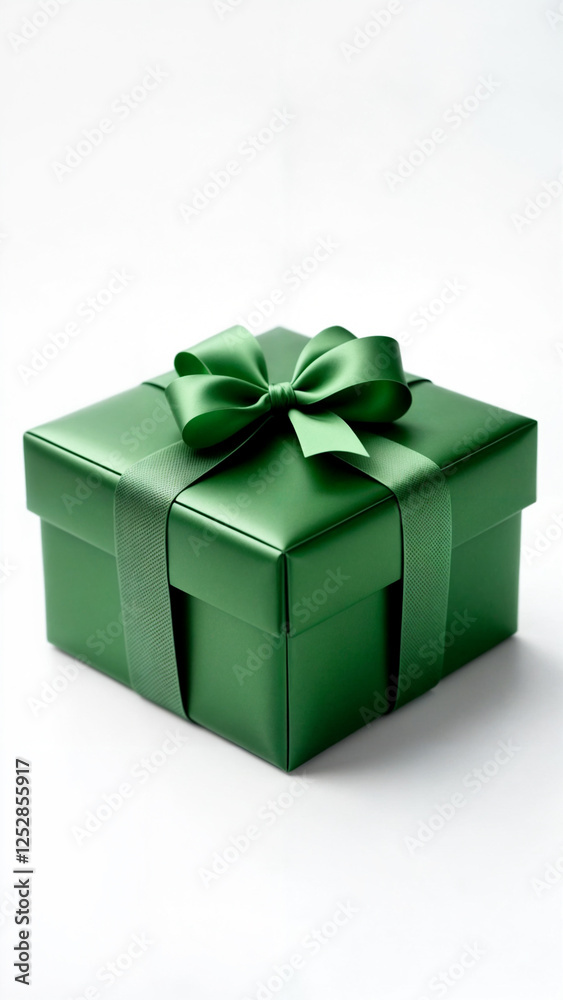Obraz premium A luxurious green gift box adorned with a shiny satin ribbon, perfect for Christmas, weddings, birthdays, and special celebrations. This elegant and sophisticated present wrapping adds a touch of clas