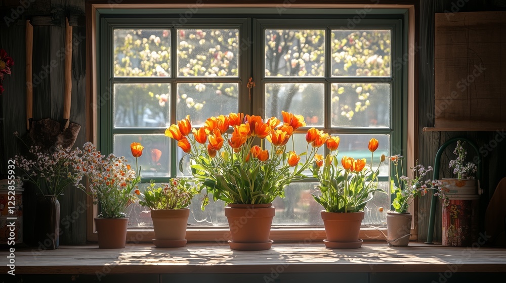 The tulip bouquet on the windowsill The tulip bouquet on the windowsill