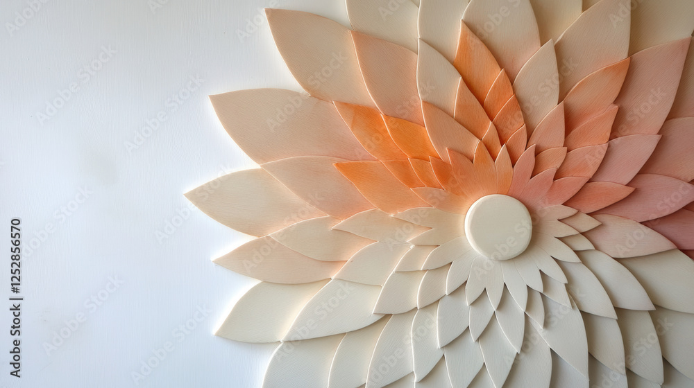 Obraz premium decorative wall art piece features layered petal like shapes arranged in radial pattern, transitioning from white to soft peach tones, creating subtle gradient effect