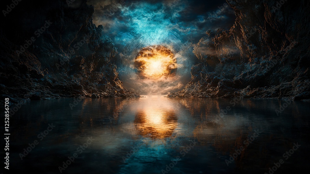 Cyclical life reflections ethereal landscape digital art mystical environment bird's eye view eternal return concept Cyclical life reflections ethereal landscape digital art mystical environment bird's eye view eternal return concept