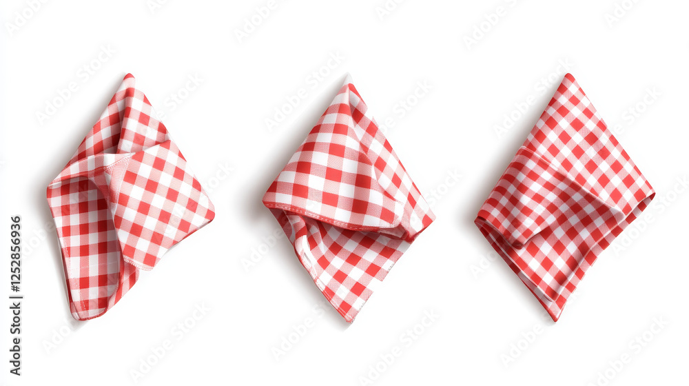 Obraz premium White empty and red gingham handkerchief mockup - realistic vector illustration set of folded cloth napkin or kitchen towel top view. Fabric textile tablecloth or restaurant serviette template.