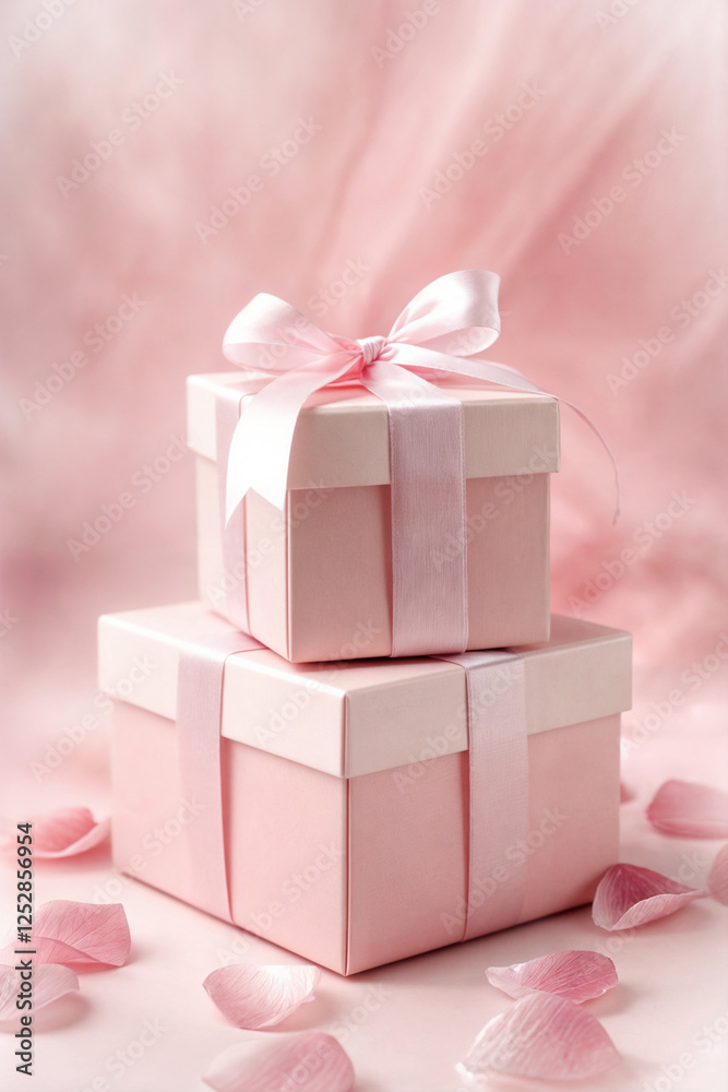 Fototapeta premium A romantic and elegant pink gift box adorned with delicate white ribbons and scattered rose petals, creating a dreamy, feminine, and luxurious aesthetic. Perfect for weddings, anniversaries, Valentine