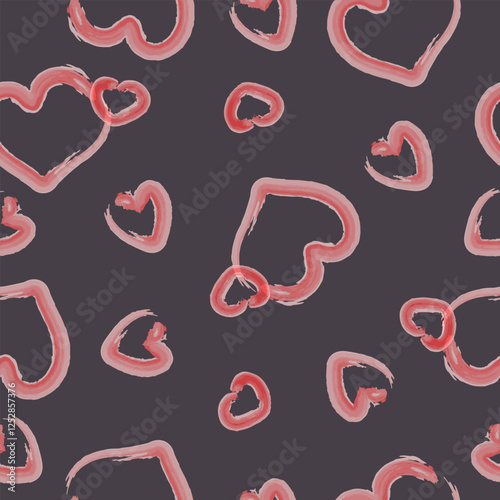 Seamless pattern with hand drawn pink hearts on grey background. Design for fashion, fabric, textile, packaging paper, gift paper. Valentines day concept.