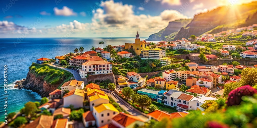 Naklejka premium Aerial View of Canico de Baixo, Madeira: Charming Holiday Resort Town on the Atlantic Coast