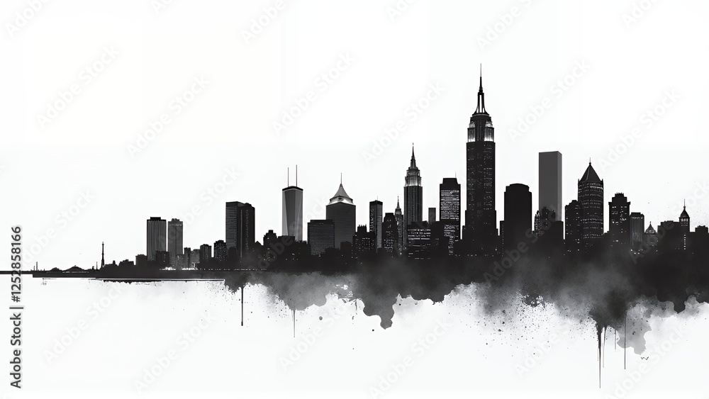 Obraz premium A striking black and white illustration of a city skyline, featuring iconic skyscrapers and a bridge. The reflection in the water adds depth and symmetry, creating a visually captivating urban scene.