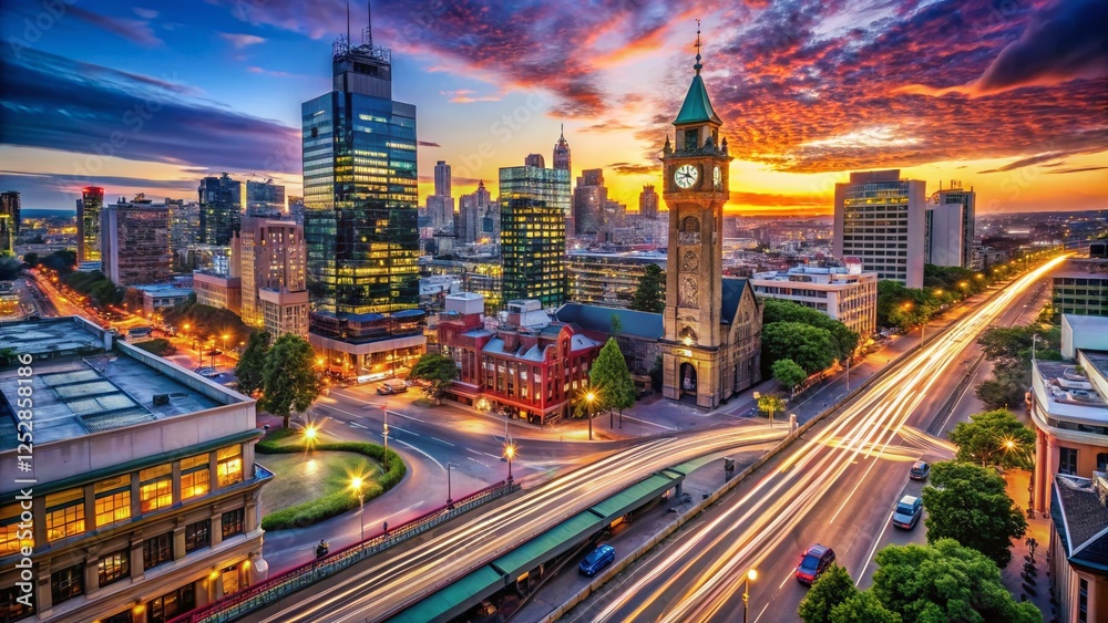 Fototapeta premium Aerial View of City Clock Tower with Fast-Moving Cars, Illustrating Time is Money Concept