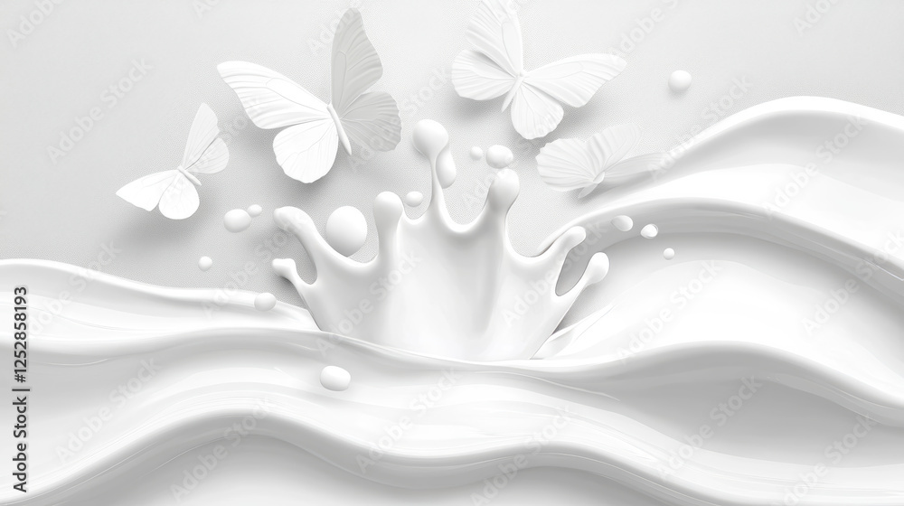 Naklejka premium Milk splash crown shape and white liquid silhouettes of flying butterflies isolated on gray wavy blurred background. Design element for advertising and packaging of natural dairy products or cosmetics