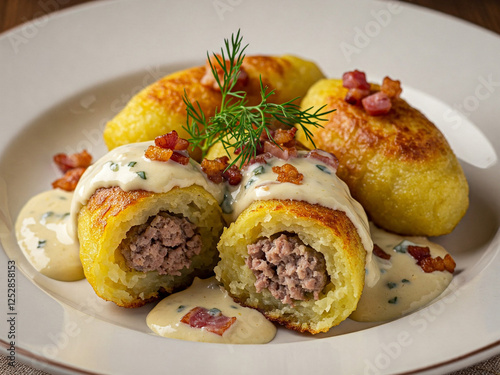 Cepelinai, a hearty and iconic dish from Lithuania, is a type of potato dumpling filled with savory ingredients like minced meat, bacon, or mushrooms.