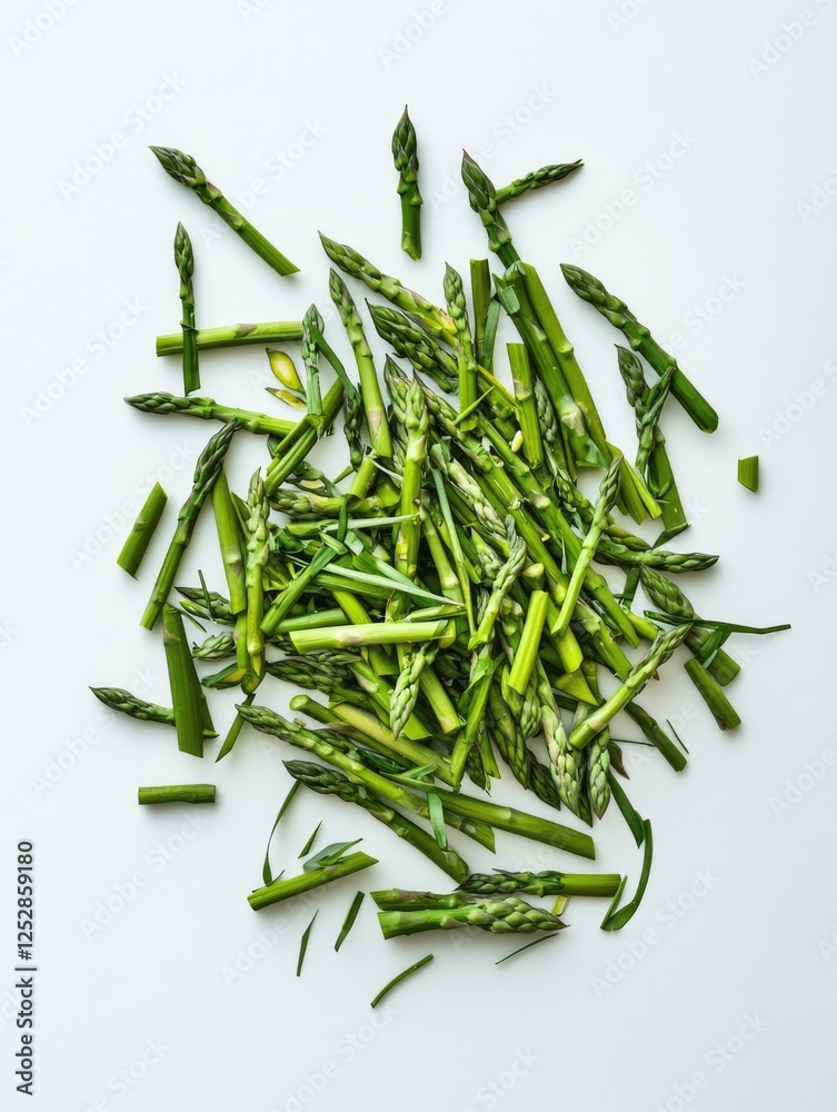Fototapeta premium A cluster of fresh asparagus spears on a white background.