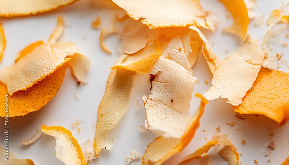 Fresh orange fruit peels on white background