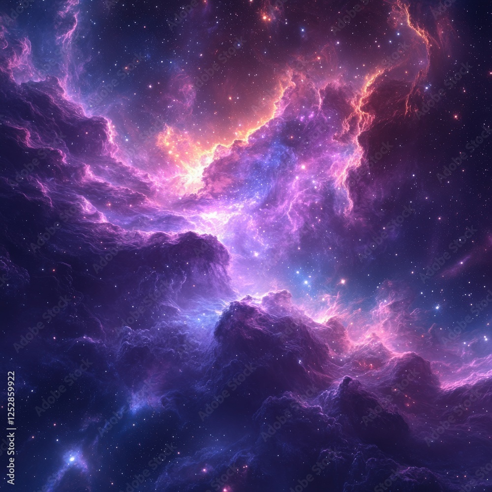 Obraz premium Celestial dance unfolds over a vivid cosmic tapestry filled with swirling colors and radiant stars