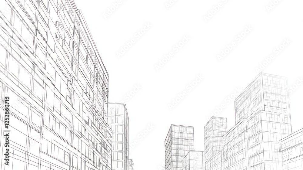 Fototapeta premium Architectural drawing of a city skyline, perspective view, urban design, for architectural portfolio
