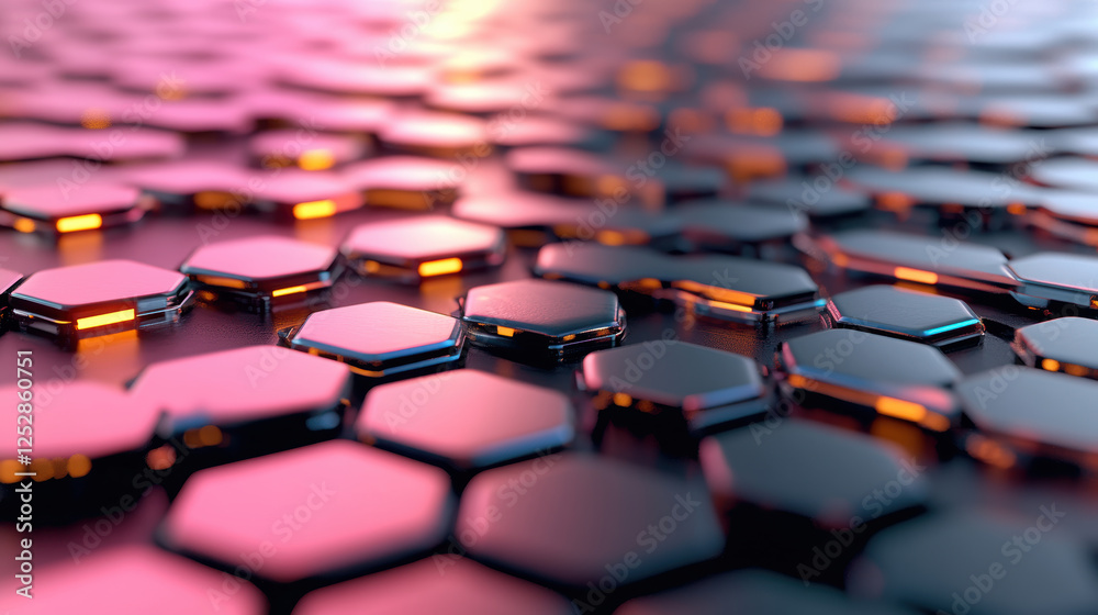 futuristic hexagonal grid with glowing edges, reflecting ambient pink and orange lights, creating high tech and sci fi aesthetic. metallic surface enhances modern and digital feel futuristic hexagonal grid with glowing edges, reflecting ambient pink and orange lights, creating high tech and sci fi aesthetic. metallic surface enhances modern and digital feel