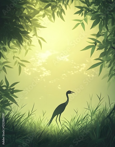Soft green leaves merging into a glowing summer sky with a secretary bird striding confidently through the grass.