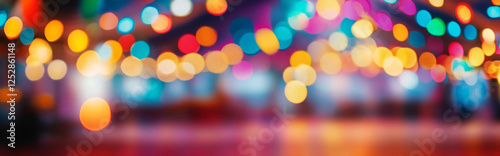 A modern circus ring with colorful spotlights shining, a clean area in the center for text, vibrant ambient tones, realistic textures, horizontal photography. Banner, background for your text