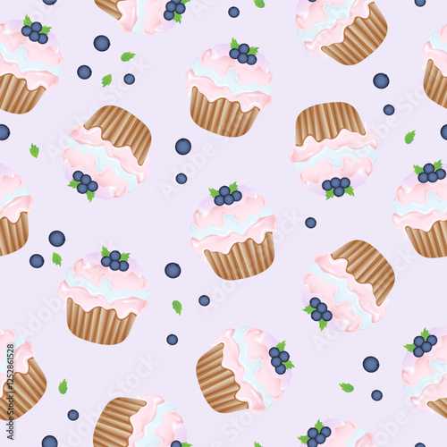 Seamless pattern for kitchen decor and more. Delicious cupcake with whipped cream and blueberry. Vector cartoon illustration of sweet food.