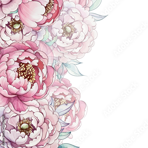 Delicate peonies painted in soft watercolors blend beautifully, showcasing shades of pink and cream, creating a serene floral masterpiece template, background