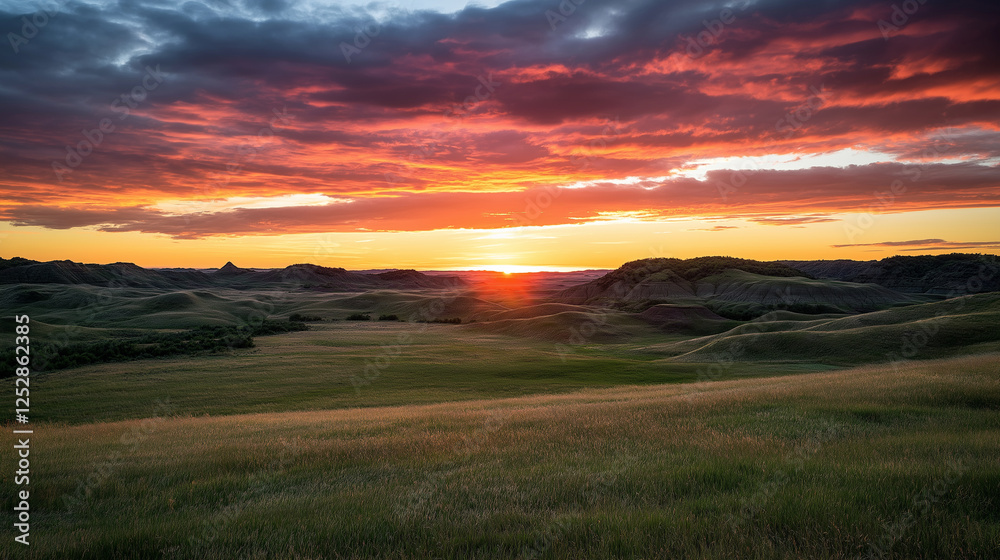 Layers of hills rolling across the horizon, with the sky lighting up in shades of orange, red, and pink as the sun sets, casting dramatic shadows and creating depth. Layers of hills rolling across the horizon, with the sky lighting up in shades of orange, red, and pink as the sun sets, casting dramatic shadows and creating depth.