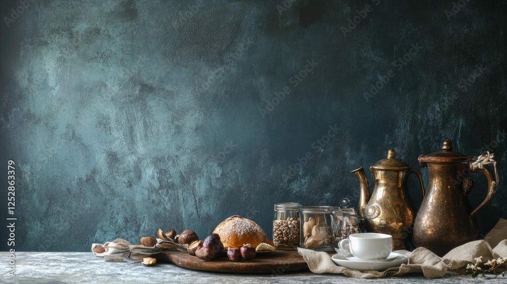 Rustic tea setup on a wooden table with blue backdrop Rustic tea setup on a wooden table with blue backdrop