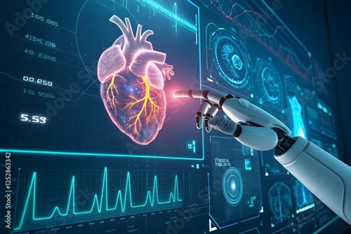 Futuristic Robotic Hand Interacting with Digital Heart Model Display