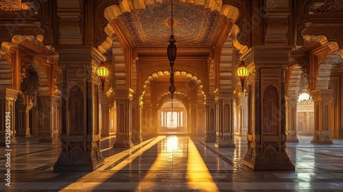 Majestic palace interior with intricate arches and warm sunlight illuminating marble floors