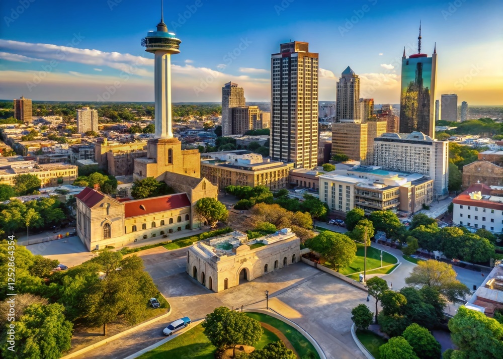 Fototapeta premium Aerial View of San Antonio Missions & Tower of the Americas, Texas