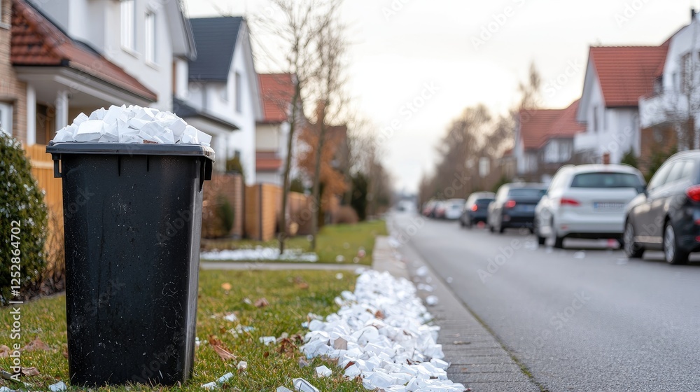 Overflowing trash can on residential street Overflowing trash can on residential street
