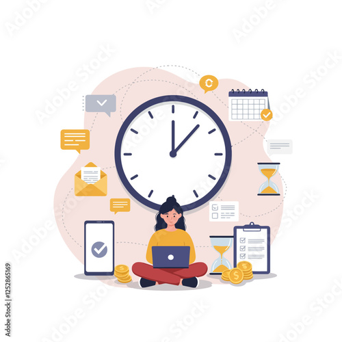 Effective Time Management Woman Working Laptop Clock