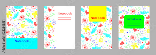 Set of cover designs for notebook, notepad, book, catalog with flowers, cloud, butterfly, sun, star, heart. Vertical format A4,A5.