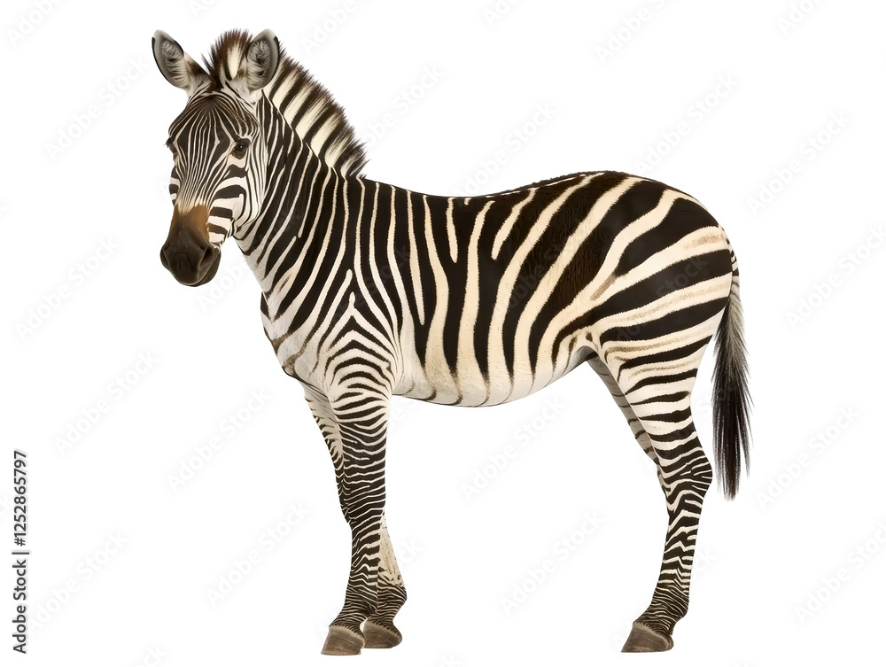 Isolated Zebra Standing in Three-Quarter View with Detailed Stripes Isolated Zebra Standing in Three-Quarter View with Detailed Stripes