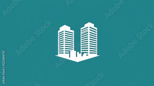 Two modern office buildings, simple design, teal background, business concept, logo design, minimal art, use in corporate branding, architecture graphic photo