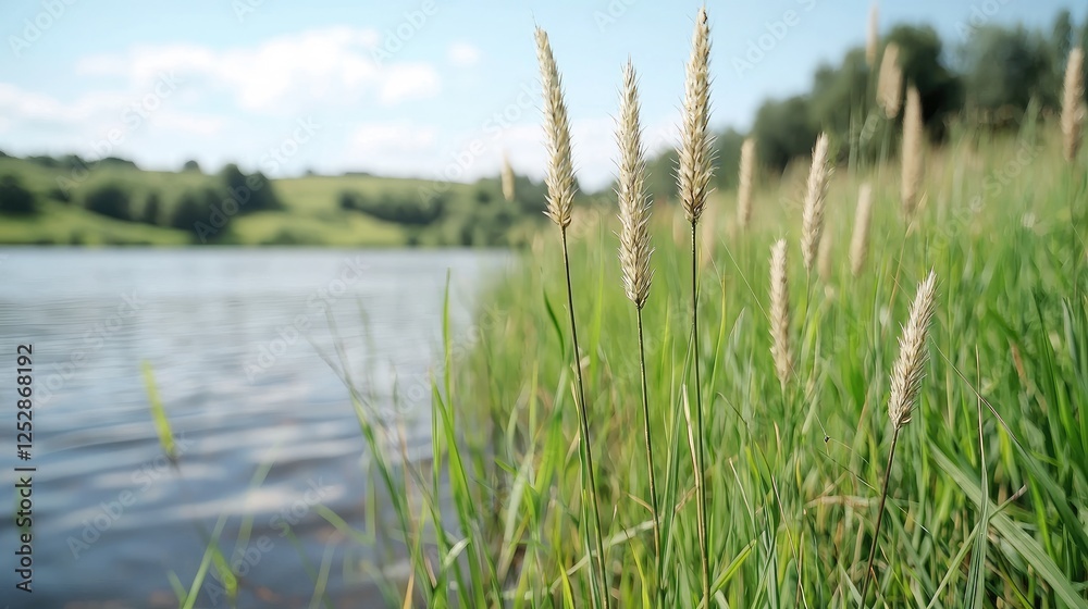Fototapeta premium Wild grass grows on the green bank of a calm river under a blue sky on a sunny summer day.