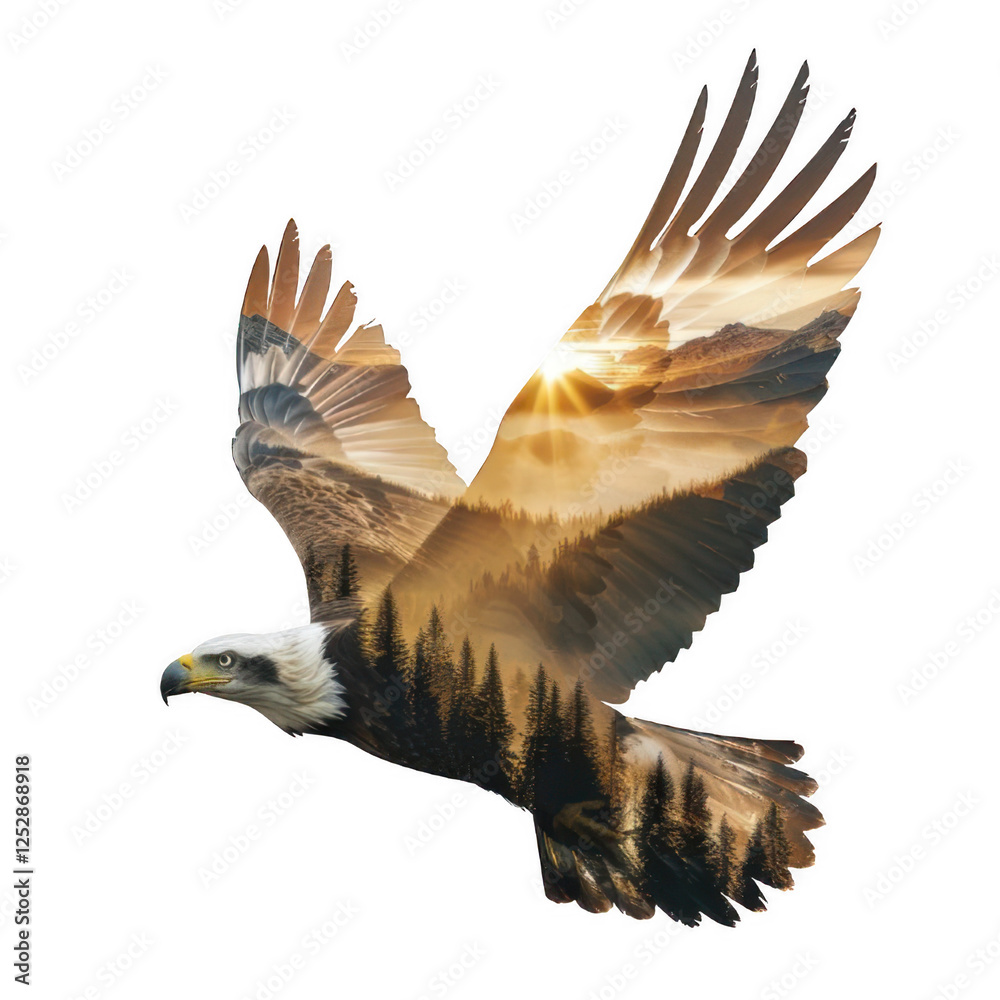 Obraz premium A 2D double exposure illustration of an eagle in flight, its wings and body filled with a tranquil mountain valley at sunrise with golden light shining through.