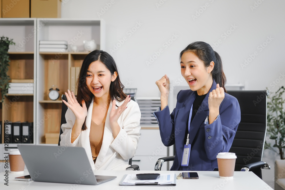 Two Asian female business woman sit desk,discussing business investments.They analyze financial data, explore market opportunities, and strategic growth to maximize returns ensure business success Two Asian female business woman sit desk,discussing business investments.They analyze financial data, explore market opportunities, and strategic growth to maximize returns ensure business success