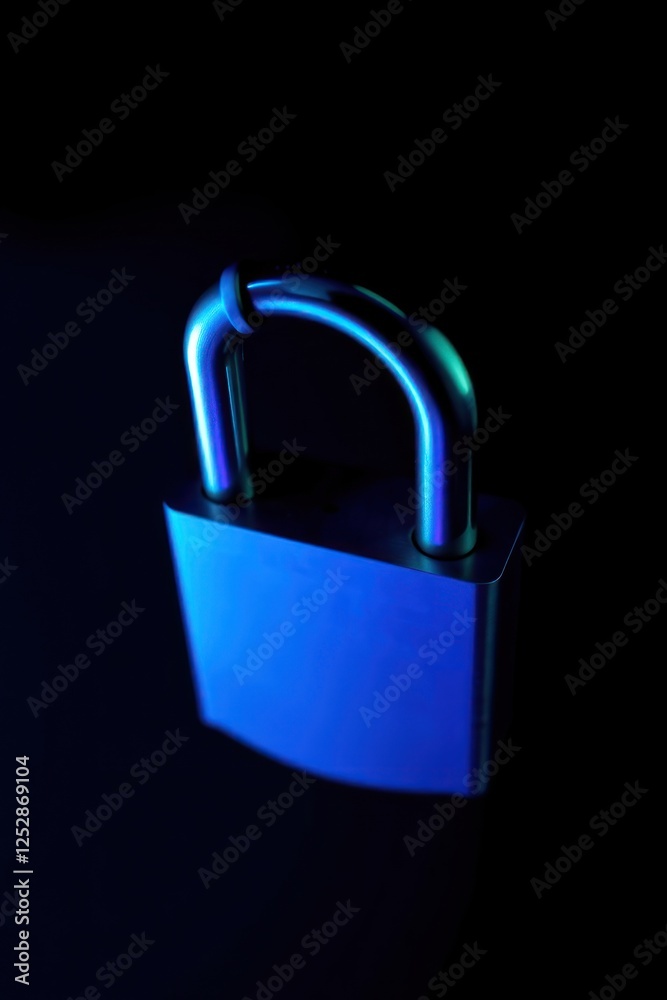 Fototapeta premium A close-up of a shiny padlock illuminated by blue light against a dark background, symbolizing security