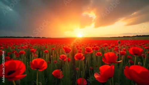 Vibrant Red Tulips In A Sunset Field