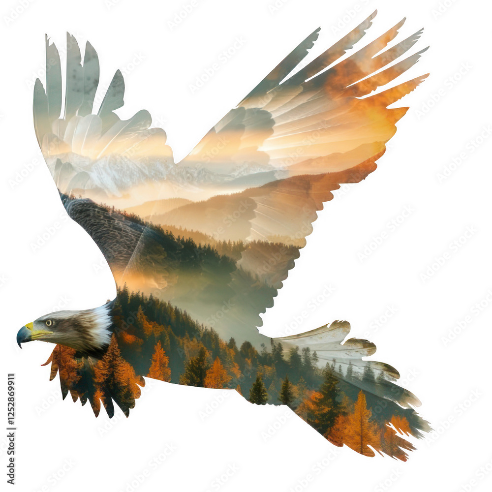 Obraz premium A 2D double exposure illustration of an eagle in flight, its wings and body filled with a tranquil mountain valley at sunrise with golden light shining through.