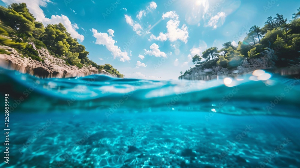 Fototapeta premium Split underwater view with sunny sky and serene sea, half water half sky