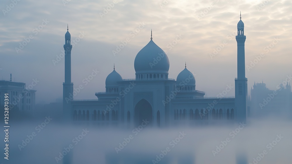 Fototapeta premium Mosque in the Mist. Serene Islamic Background with a Sense of Peace and Tranquility