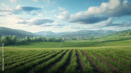 Wallpaper Mural 3D render of a sleek futuristic landscape with towering cliffs and calm water, combined with a modern minimal background and sunrise lighting Torontodigital.ca