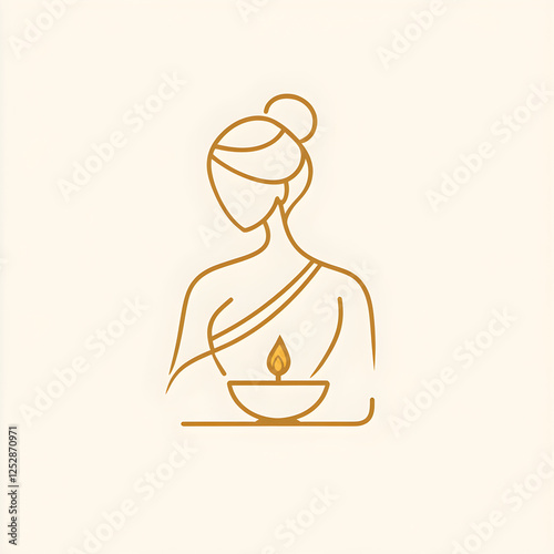 Minimalist line art of woman with a diya lamp 