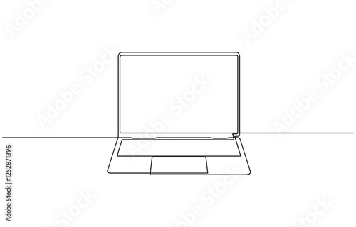 One line drawing of laptop gadget, continuous single line drawing of laptop computer, Continuous line drawing of computer desk furniture vector illustration technology concepts.