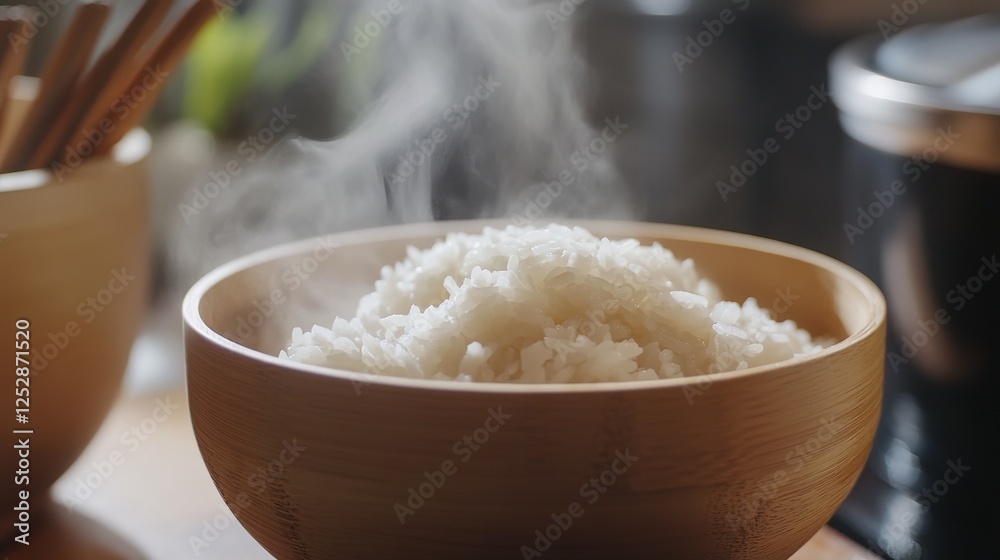 Perfectly Cooked Fluffy White Rice, Steaming in a Wooden Bowl. Delicious and Appetizing Staple Dish. Perfectly Cooked Fluffy White Rice, Steaming in a Wooden Bowl. Delicious and Appetizing Staple Dish.